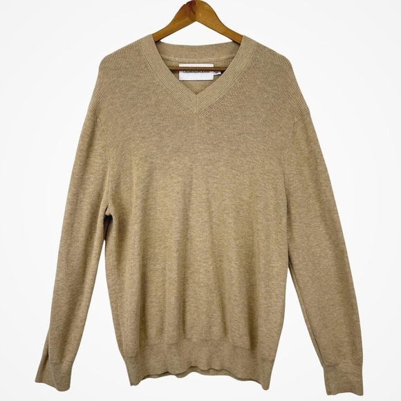 Calvin Klein Mens V-Neck Tan Sweater Size 2XL‎ Classic Pullover Neutral Preppy - Picture 2 of 8